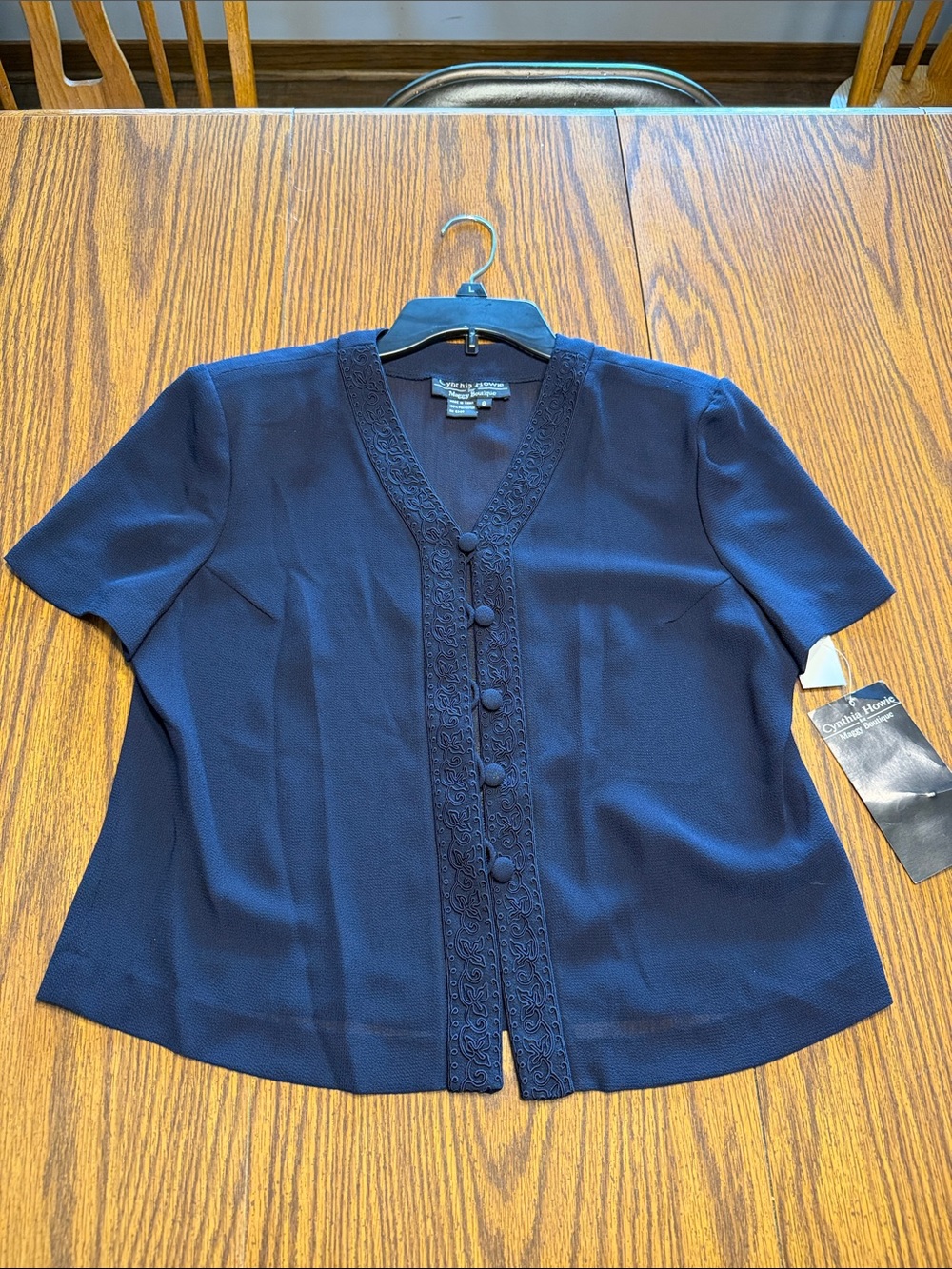 Carole Little Navy Short-Sleeve Button-Front Top with Lace-Trim Placket